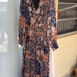 MSK Patchwork Floral V-Neck Long Sleeve Maxi Dress in Brown & Blue